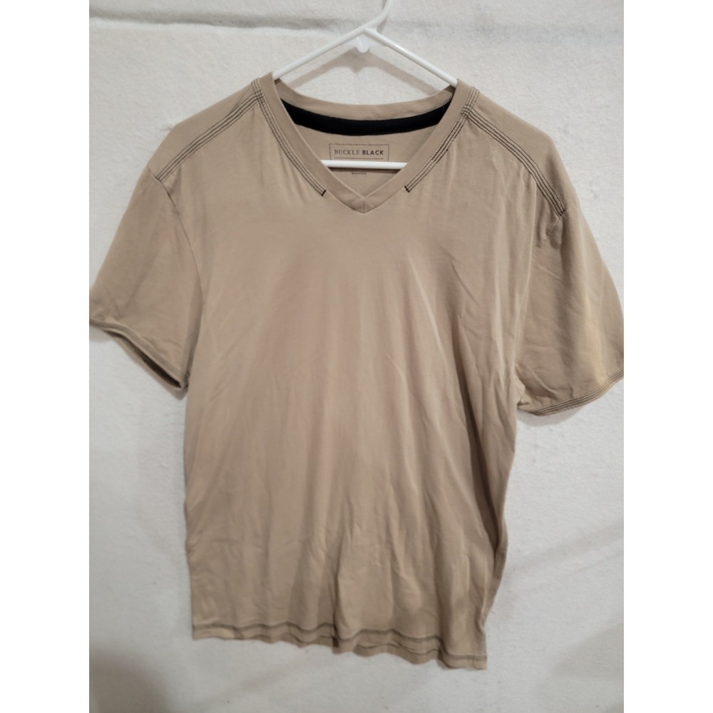 Buckle Black L‎ V-Neck Shirt Tan Beige Short Sleeve Triple Stitch Detail Men's